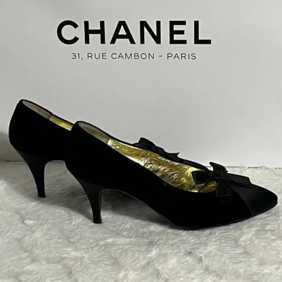 Vintage CHANEL Black Velvet Pumps With Satin Trim And Removable Bow Size EU 37.5 - Picture 12 of 15